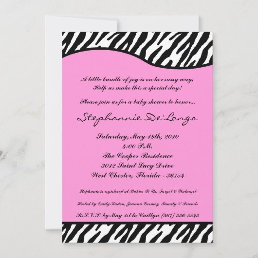 5x7 Light Pink Zebra Print Baby shower Uitnodiging (Voorkant)