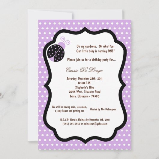 5x7 Light Purple Bug Bug Anniversaire Invitation d (Devant)