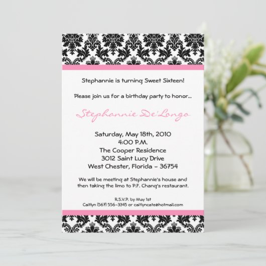 5x7 Light Rose Damask Invitation de fête d'anniver (Debout devant)