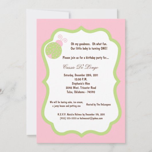 5x7 Light Rose Lady Bug Anniversaire Invitation de (Devant)