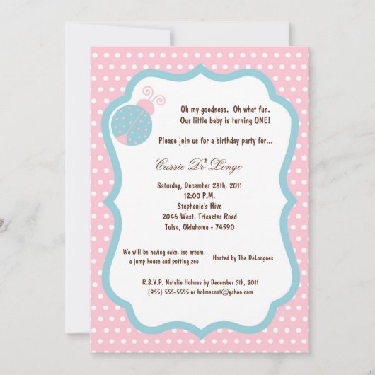 5x7 Light Rose Lady Bug Anniversaire Invitation de (Devant)