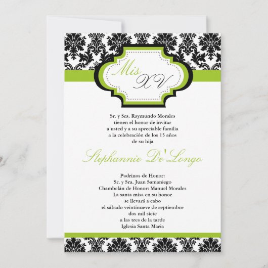 5x7 Lime Green Damask Quinceanera Invitation (Devant)