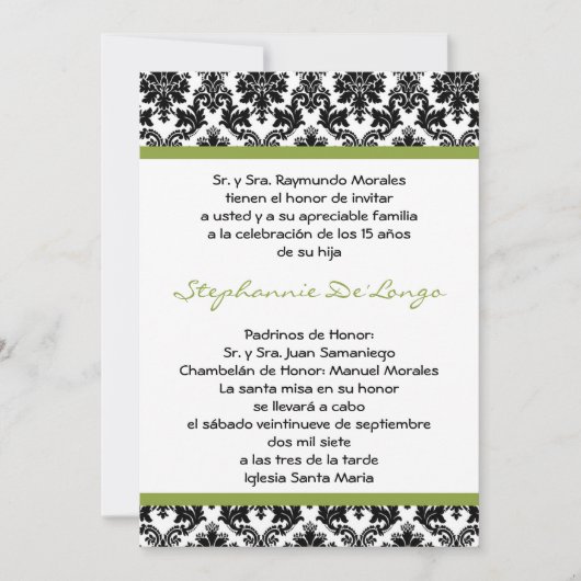 5x7 Lime Green Damask Quinceanera Invitation (Devant)