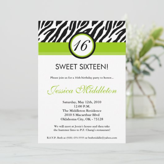 5x7 Lime Green Zebra 16e anniversaire Invitation (Debout devant)