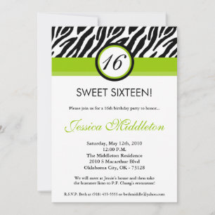 5x7 Lime Green Zebra 16e anniversaire Invitation