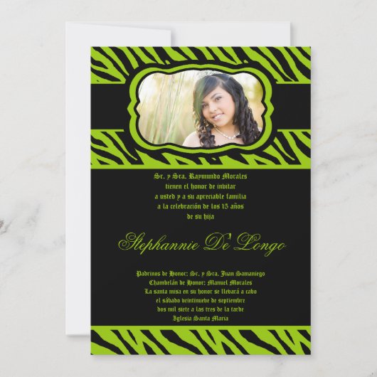 5x7 Lime Green Zebra Print Quinceanera Uitnodiging (Voorkant)