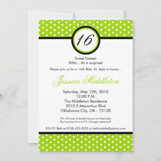 5x7 Lime White Polka Dot 16e Invitation anniversai (Devant)