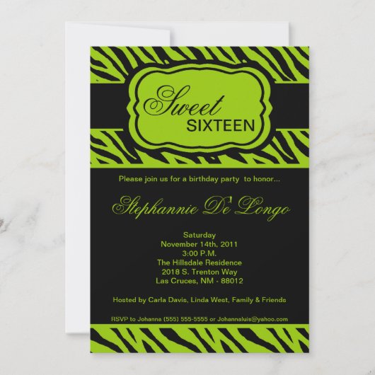 5x7 Lime Zebra Imprimer Invitation de fête d'anniv (Devant)