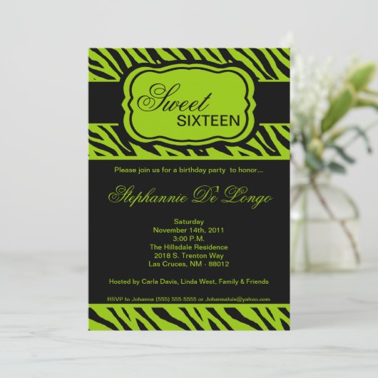 5x7 Lime Zebra Imprimer Invitation de fête d'anniv (Debout devant)