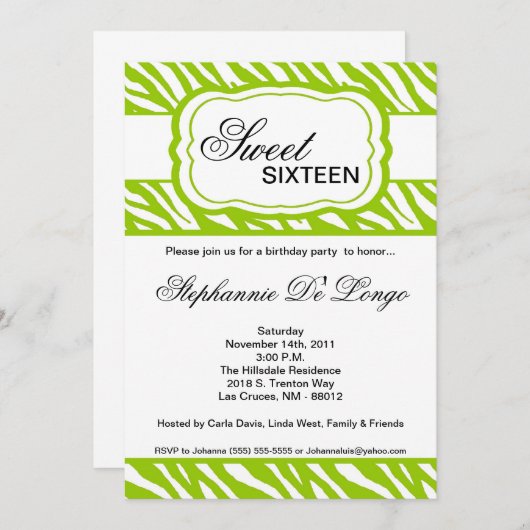 5x7 Lime Zebra Imprimer Invitation de fête d'anniv (Devant / Derrière)