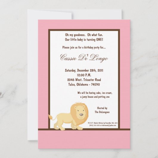 5x7 Lion rose Invitation de fête d'anniversaire (Devant)