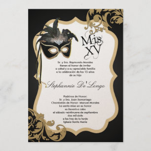 5x7 Mascarade noire Invitation Quinceanera