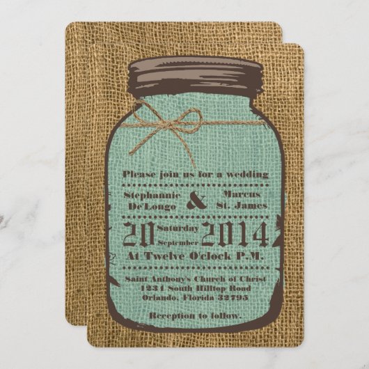 5x7 Mason Jar Burlap Mariage campagnard Invitation (Devant / Derrière)