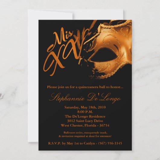 5x7 Masquerade Mask 15 Quinceanera Ball Invitation (Devant)