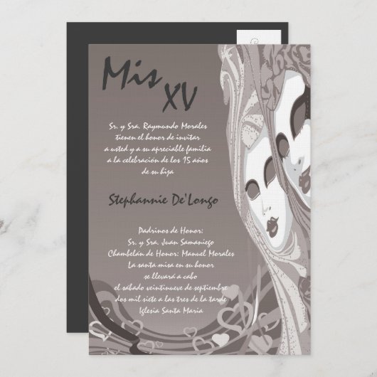 5x7 Masquerade Quinceanera Birthday Uitnodiging (Voorkant / Achterkant)