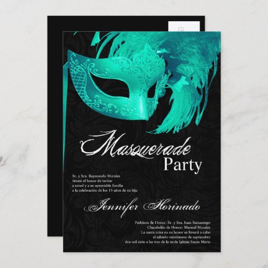 5x7 Masquerade Quinceanera Birthday Uitnodiging (Voorkant / Achterkant)