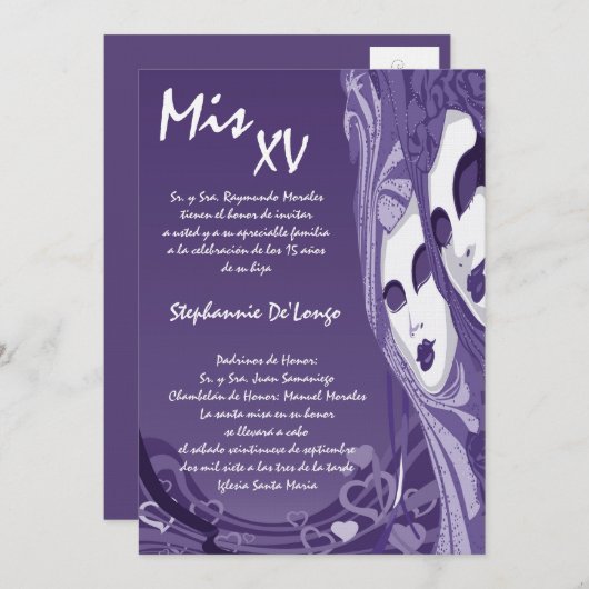 5x7 Masquerade Quinceanera Birthday Uitnodiging (Voorkant / Achterkant)