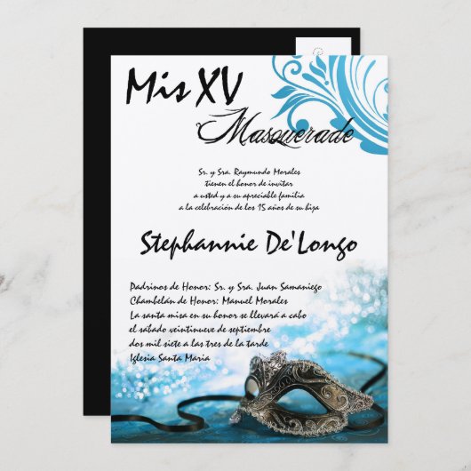 5x7 Masquerade Quinceanera Birthday Uitnodiging (Voorkant / Achterkant)