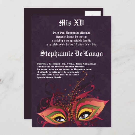 5x7 Masquerade Quinceanera Birthday Uitnodiging (Voorkant / Achterkant)