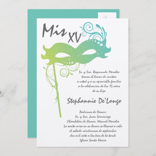 5x7 Masquerade Quinceanera Birthday Uitnodiging (Voorkant / Achterkant)