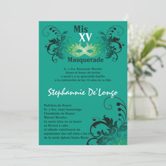 5x7 Masquerade Quinceanera Birthday Uitnodiging (Staand voorkant)