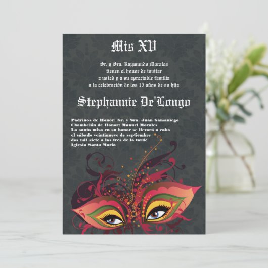 5x7 Masquerade Quinceanera Birthday Uitnodiging (Staand voorkant)