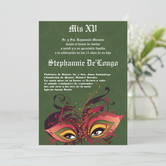 5x7 Masquerade Quinceanera Birthday Uitnodiging (Staand voorkant)