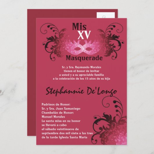 5x7 Masquerade Quinceanera Invitation Anniversaire (Devant / Derrière)