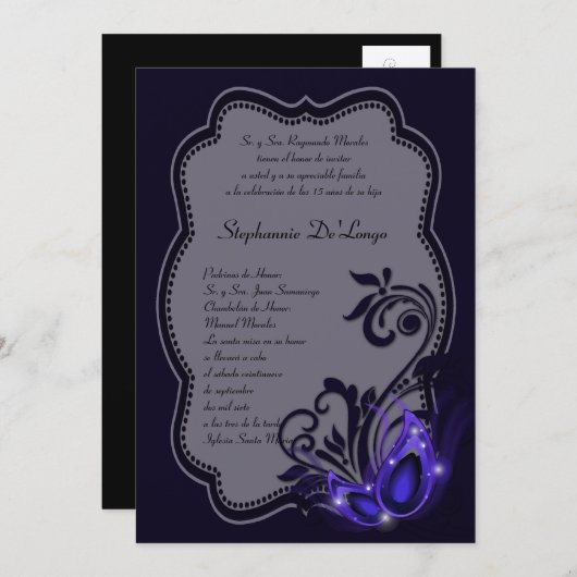 5x7 Masquerade Quinceanera Invitation Anniversaire (Devant / Derrière)