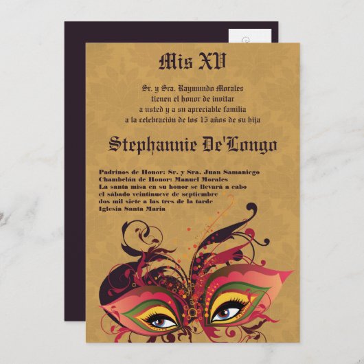 5x7 Masquerade Quinceanera Invitation Anniversaire (Devant / Derrière)