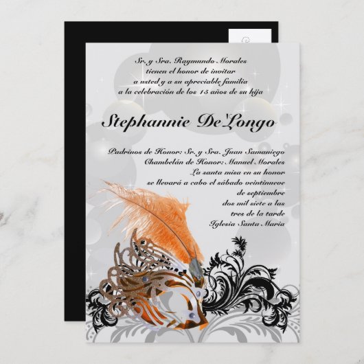 5x7 Masquerade Quinceanera Invitation Anniversaire (Devant / Derrière)