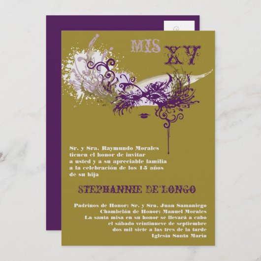 5x7 Masquerade Quinceanera Invitation Anniversaire (Devant / Derrière)