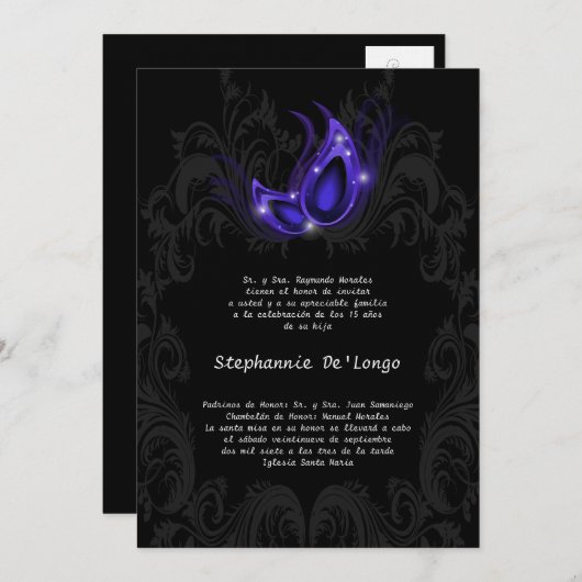 5x7 Masquerade Quinceanera Invitation Anniversaire (Devant / Derrière)