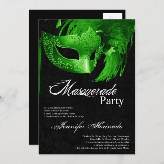 5x7 Masquerade Quinceanera Invitation Anniversaire (Devant / Derrière)