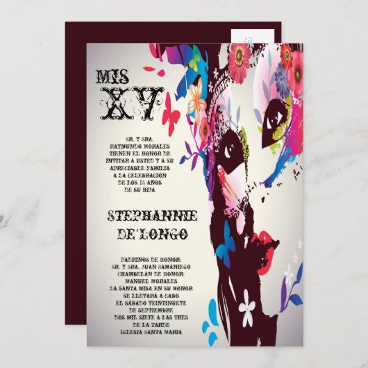 5x7 Masquerade Quinceanera Invitation Anniversaire (Devant / Derrière)