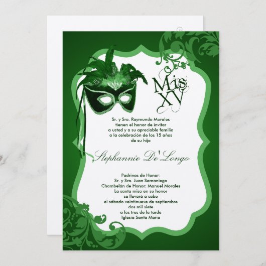 5x7 Masquerade verte Masque Quinceanera Invitation (Devant / Derrière)