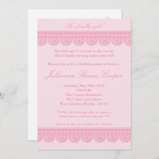 5x7 Meisje Roze Kant Trim Verjaardag Party Uitnodi Kaart (Voorkant / Achterkant)