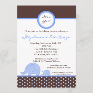 5x7 Mod Blue Boy Elephant Baby shower Invitation Kaart