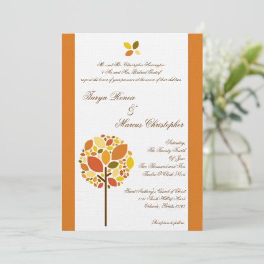 5x7 Modern Autumn Tree Linen Wedding Invitation Kaart (Staand voorkant)