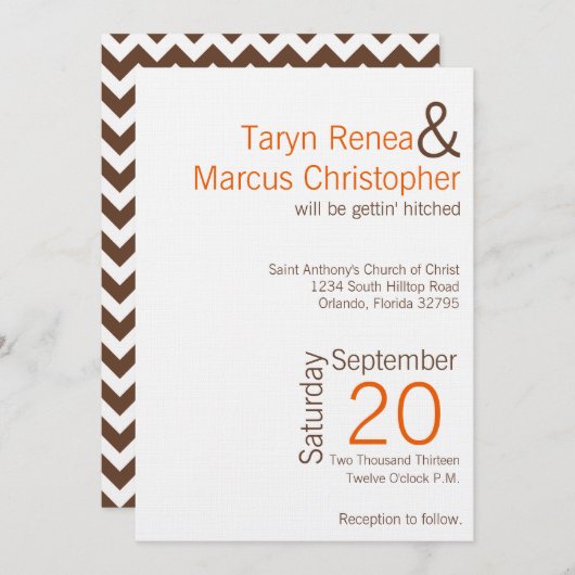 5x7 modern bruin Sinaasappel Chevron bruiloft uitn Kaart (Voorkant / Achterkant)