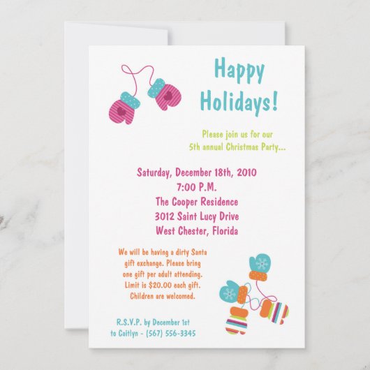 5x7 Modern Color Mitten Christmas Party Invitation (Devant)