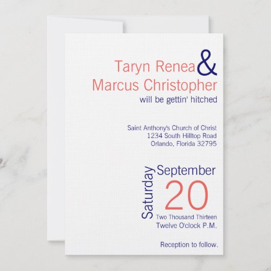 5x7 Moderne Coral Navy Blue Chev Faire-part de mar (Devant)