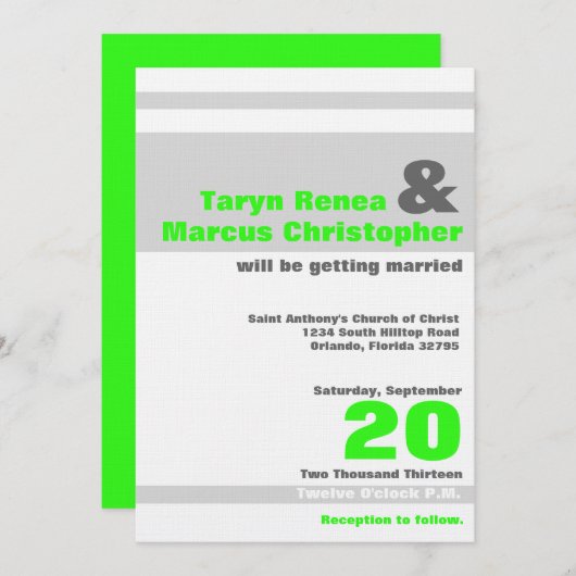 5x7 Moderne Neon Groene Streep Bruiloft Uitnodigin Kaart (Voorkant / Achterkant)