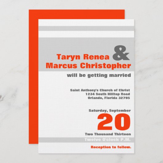 5x7 moderne Neon Orange Faire-part de mariage en b (Devant / Derrière)