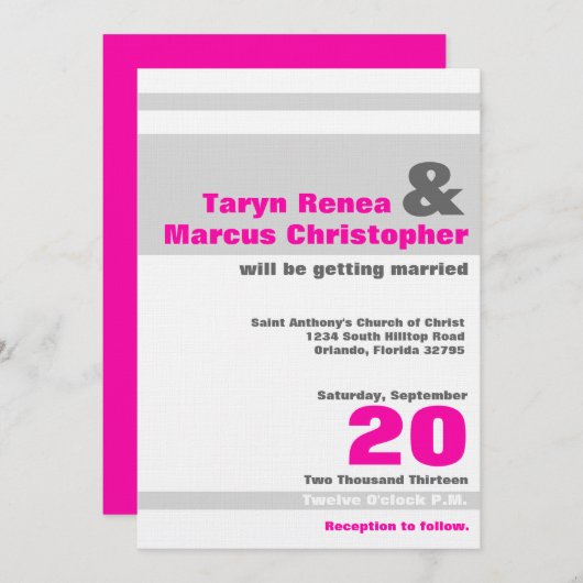 5x7 Moderne Neon Roze Gre Streep Bruiloft Uitnodig Kaart (Voorkant / Achterkant)