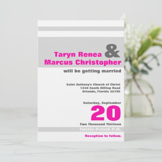 5x7 Moderne Neon Roze Gre Streep Bruiloft Uitnodig Kaart (Staand voorkant)