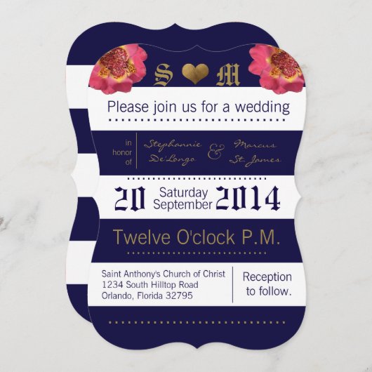 5x7 moderne streep marine bloemenbruiloft uitnodig kaart (Voorkant / Achterkant)