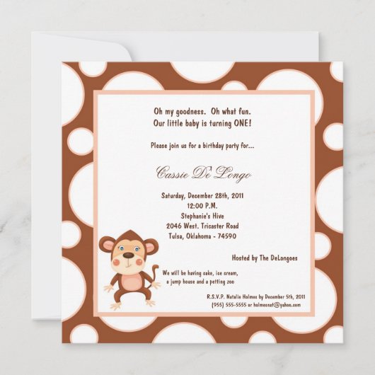 5x7 Monkey Pok-a-Dot Invitation de fête d'annivers (Devant)