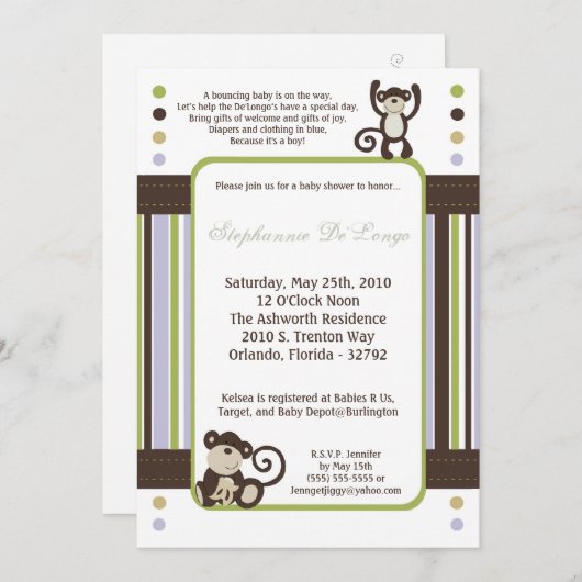 5x7 Monkey Time Zoo Animal Baby shower Invitation (Devant / Derrière)