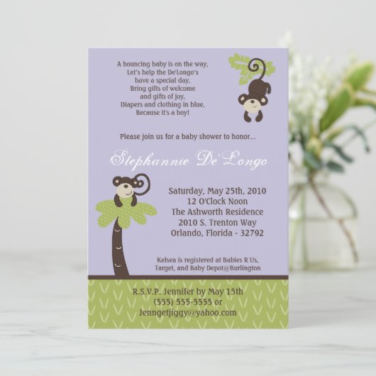 5x7 Monkey Time Zoo Animal Baby shower Invitation (Debout devant)